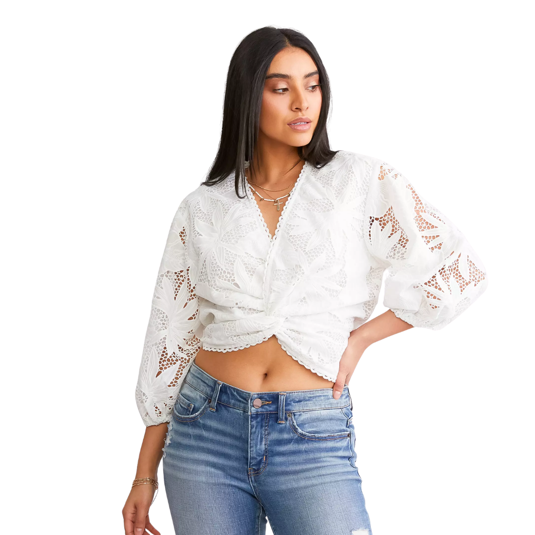 Miss Me Women's Twisted Surplice Lace White Top