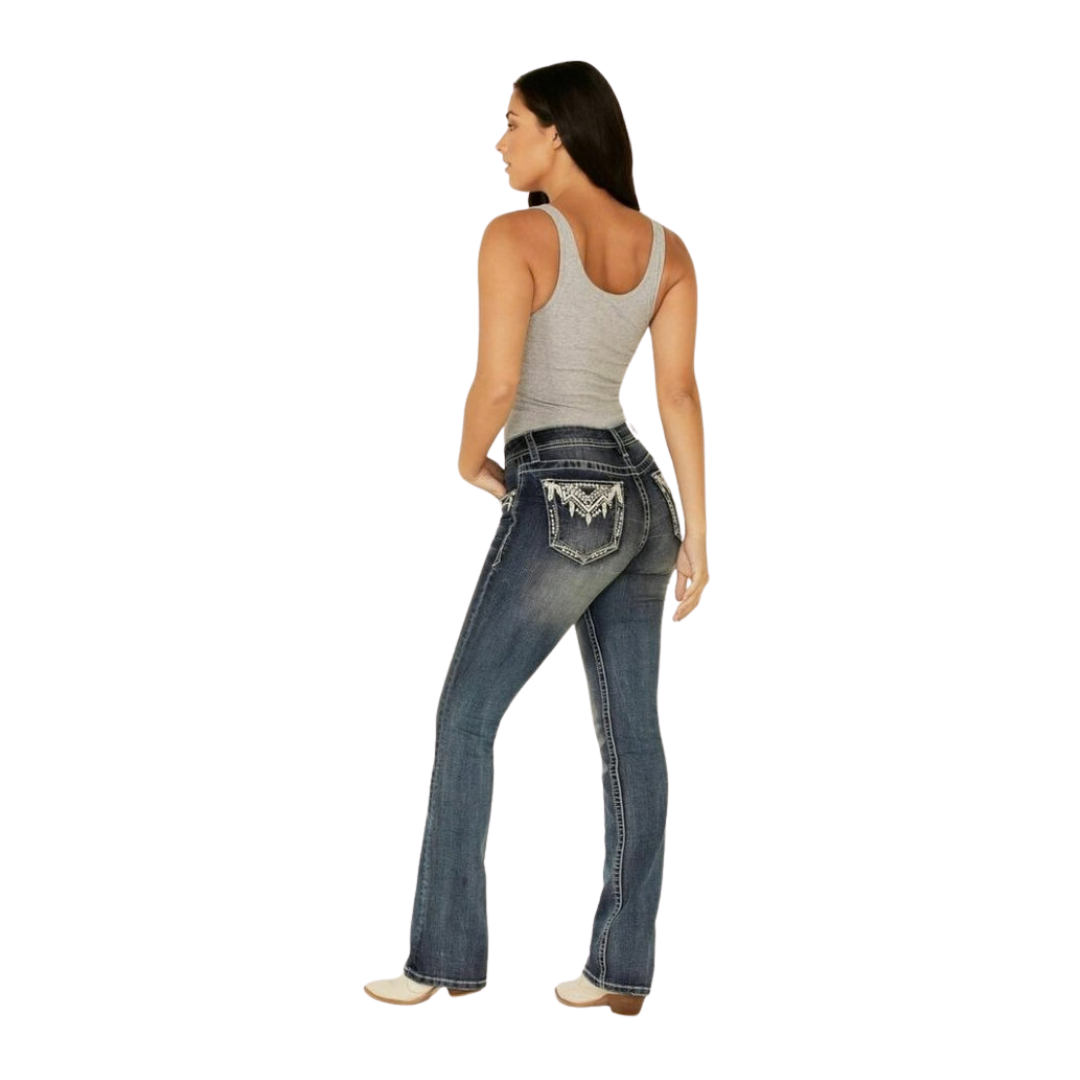 Grace In La Women's Feather Aztec Embellished Bootcut Blue Jeans