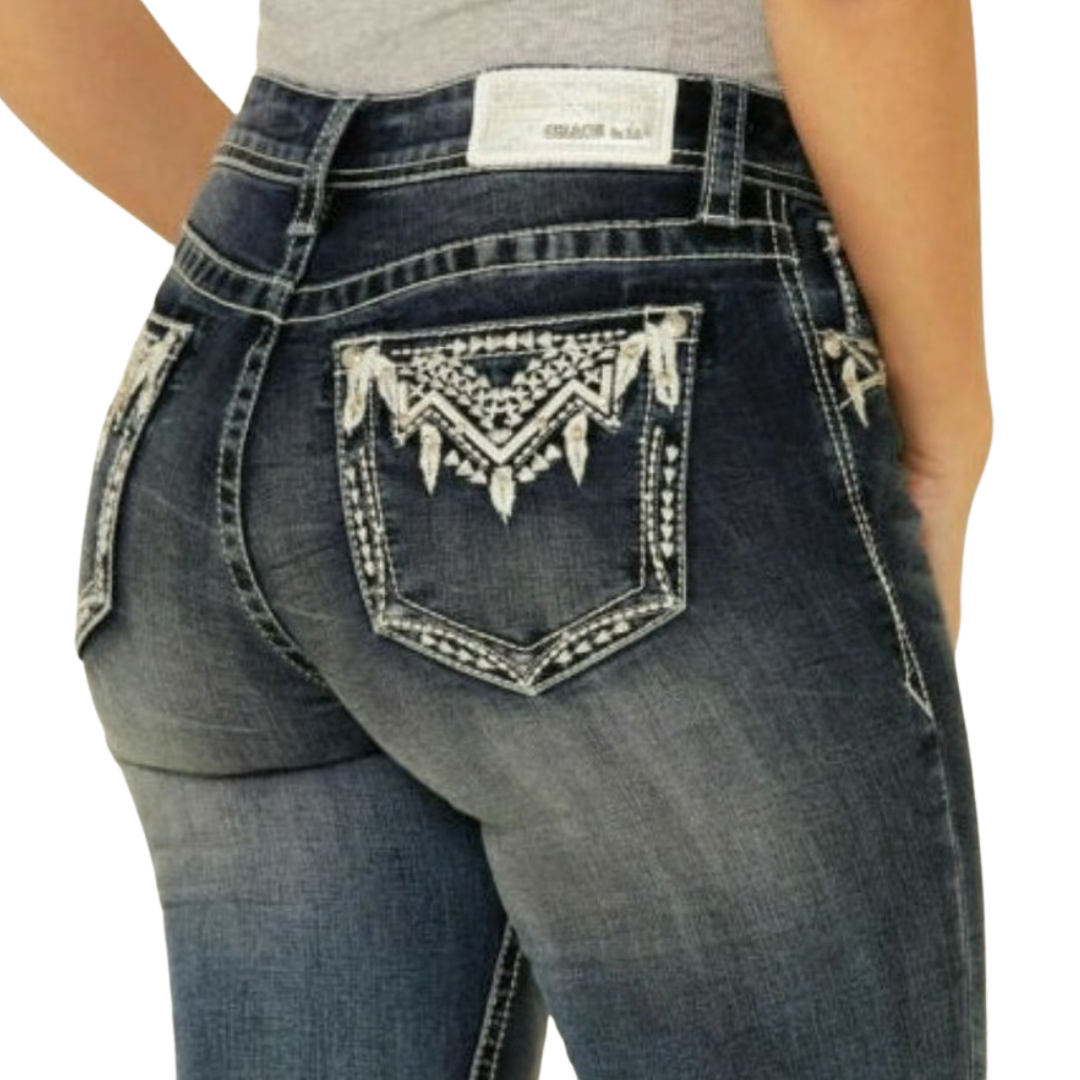 Grace In La Women's Feather Aztec Embellished Bootcut Blue Jeans