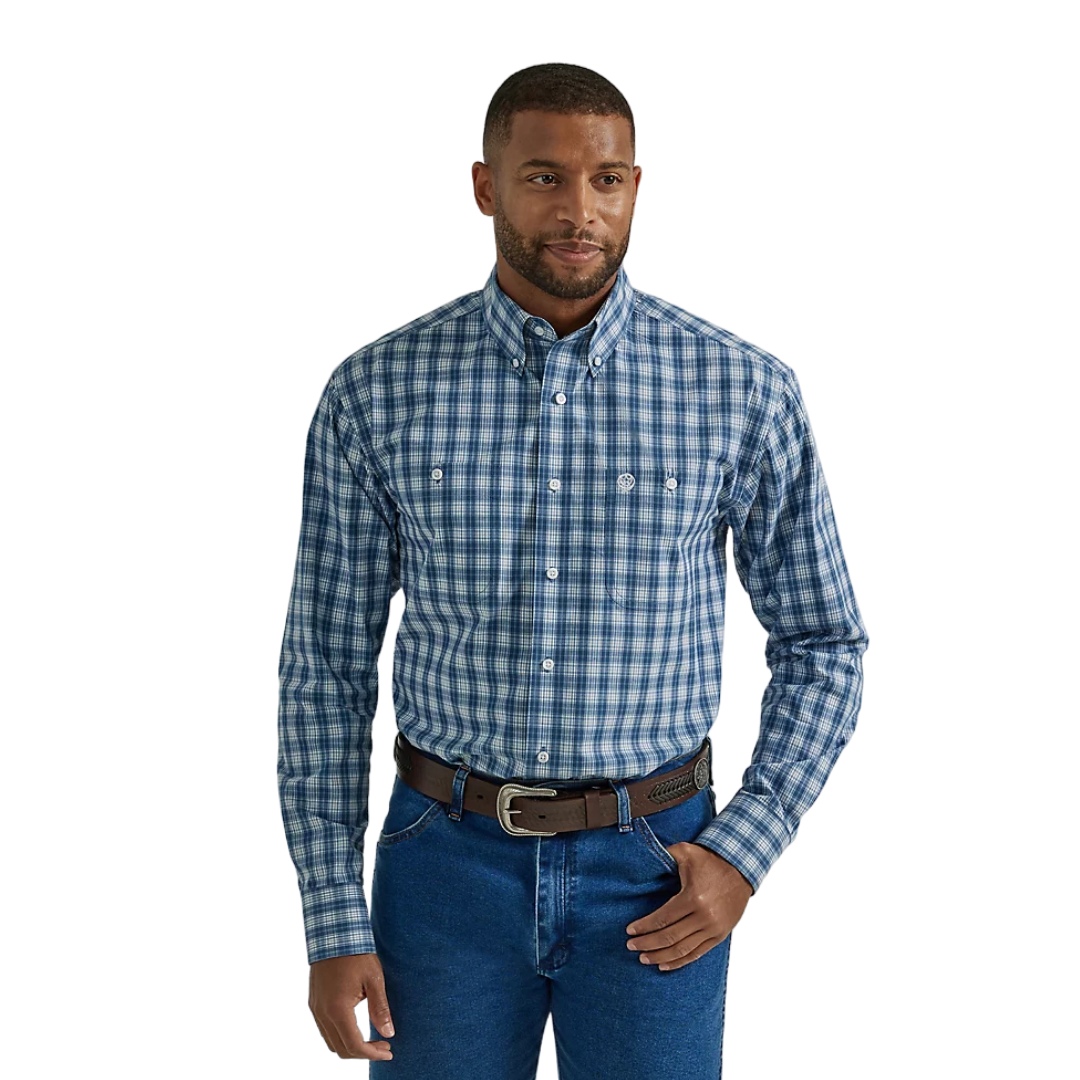 Wrangler Men's Steel Madras George Strait Blue Shirt