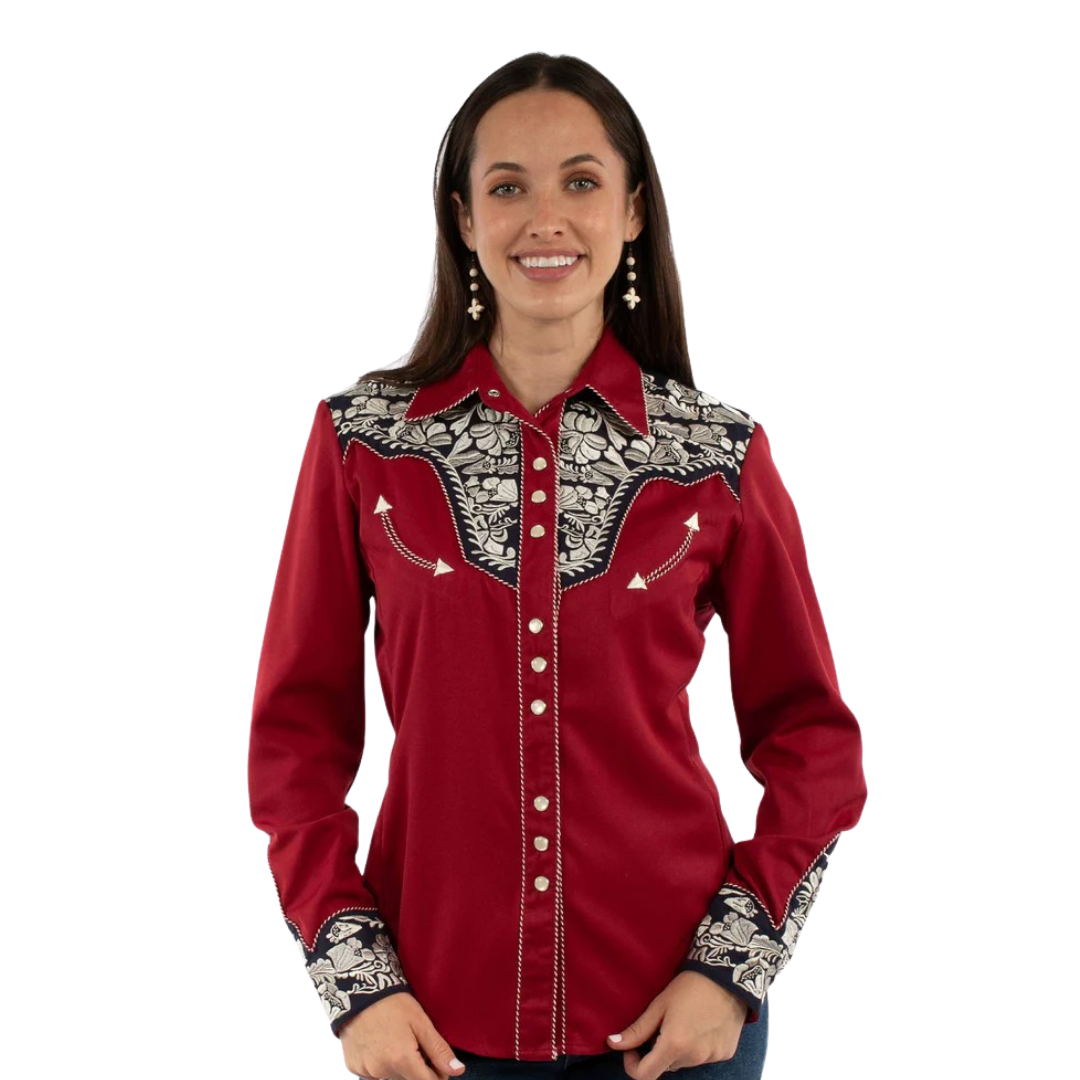 Scully Leathers Women's Floral Tooled Western Red Shirt