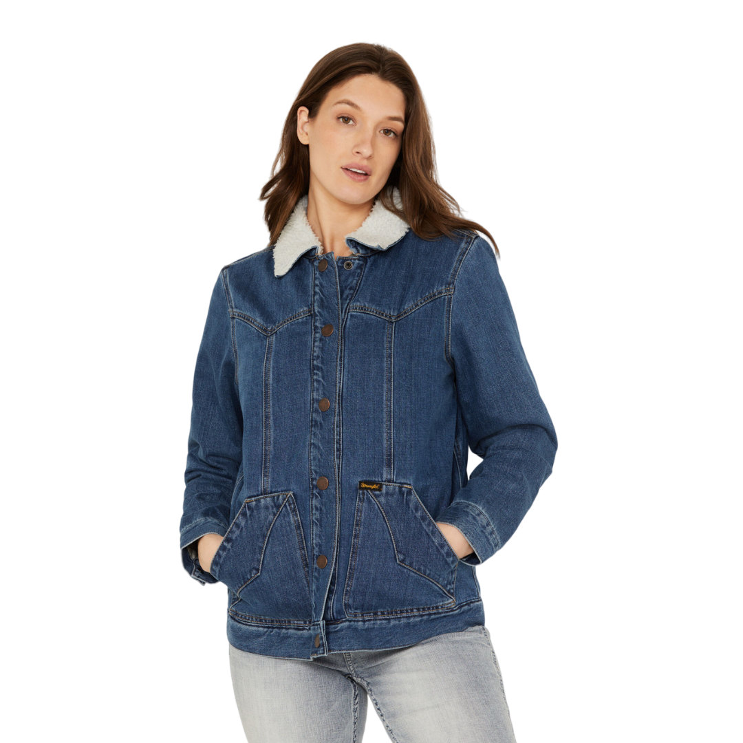 Wrangler Women's Medium Wash Denim Sherpa Blue Coat