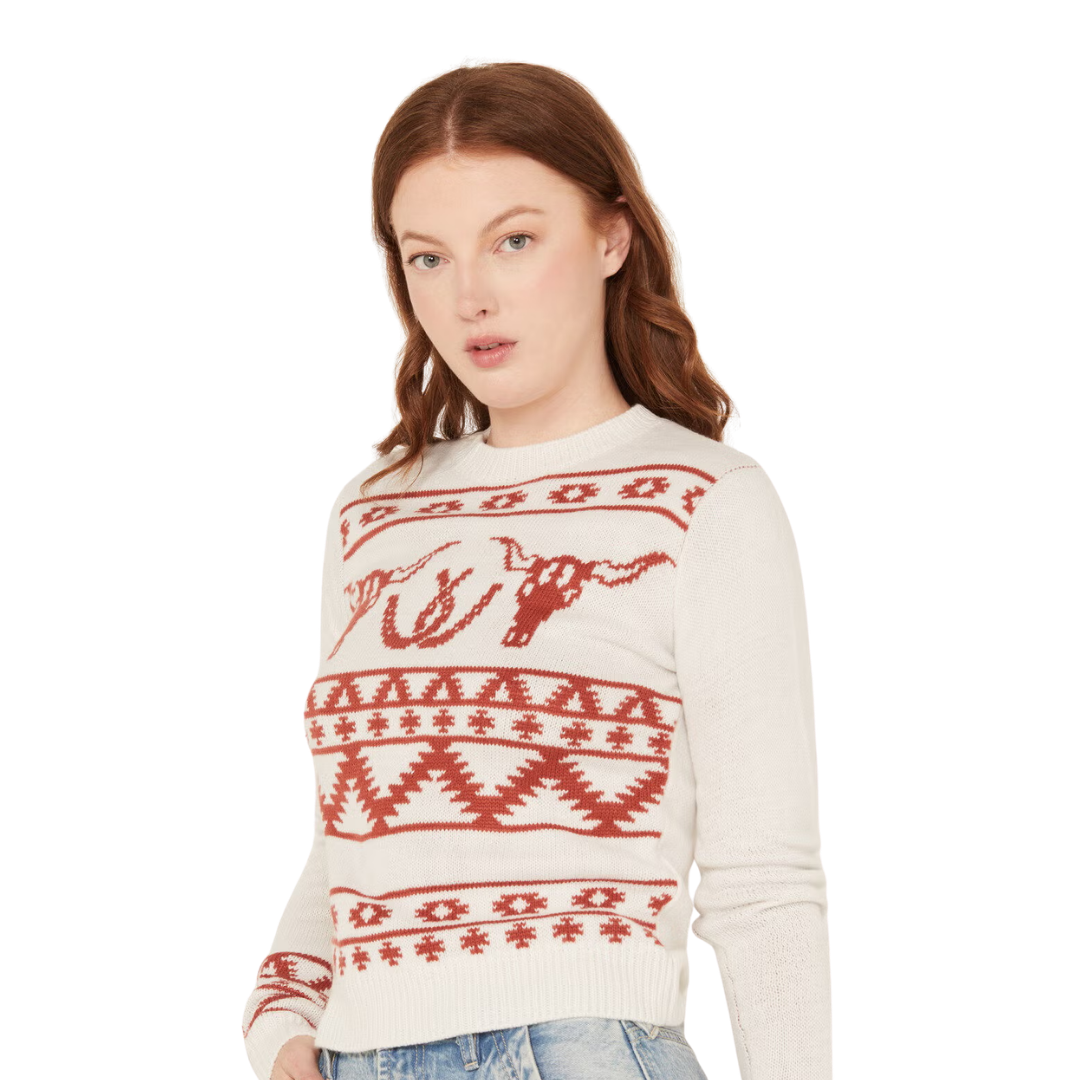 Wrangler Women's Antique Steer Head White Sweater