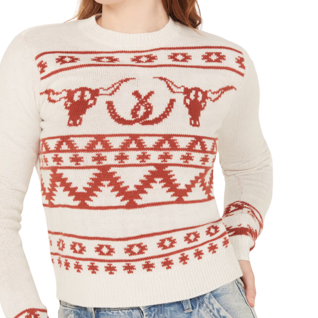 Wrangler Women's Antique Steer Head White Sweater