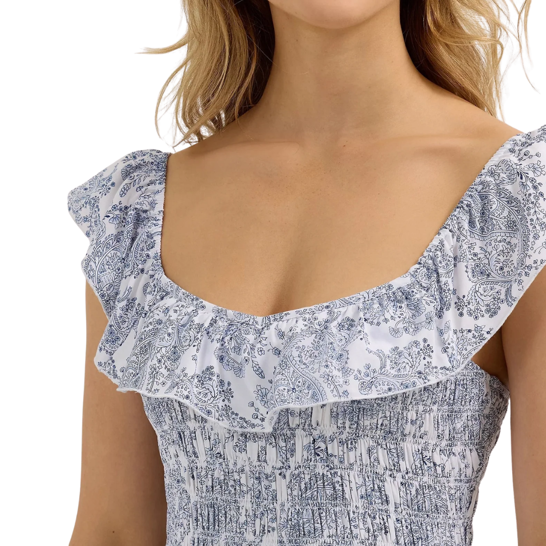Wrangler Women's Smocked Bodice Ruffle Blue Dress