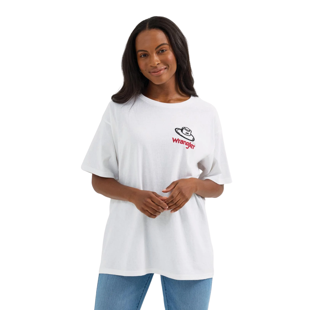 Wrangler Women's Western Back Graphic Oversized White Tee Shirt