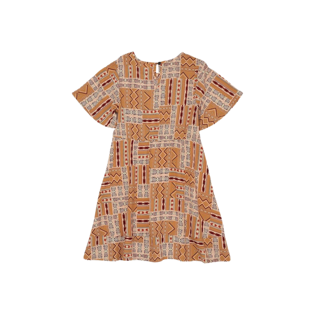 Wrangler Youth Girl's Ruffle Sleeve Southwestern Brown Dress