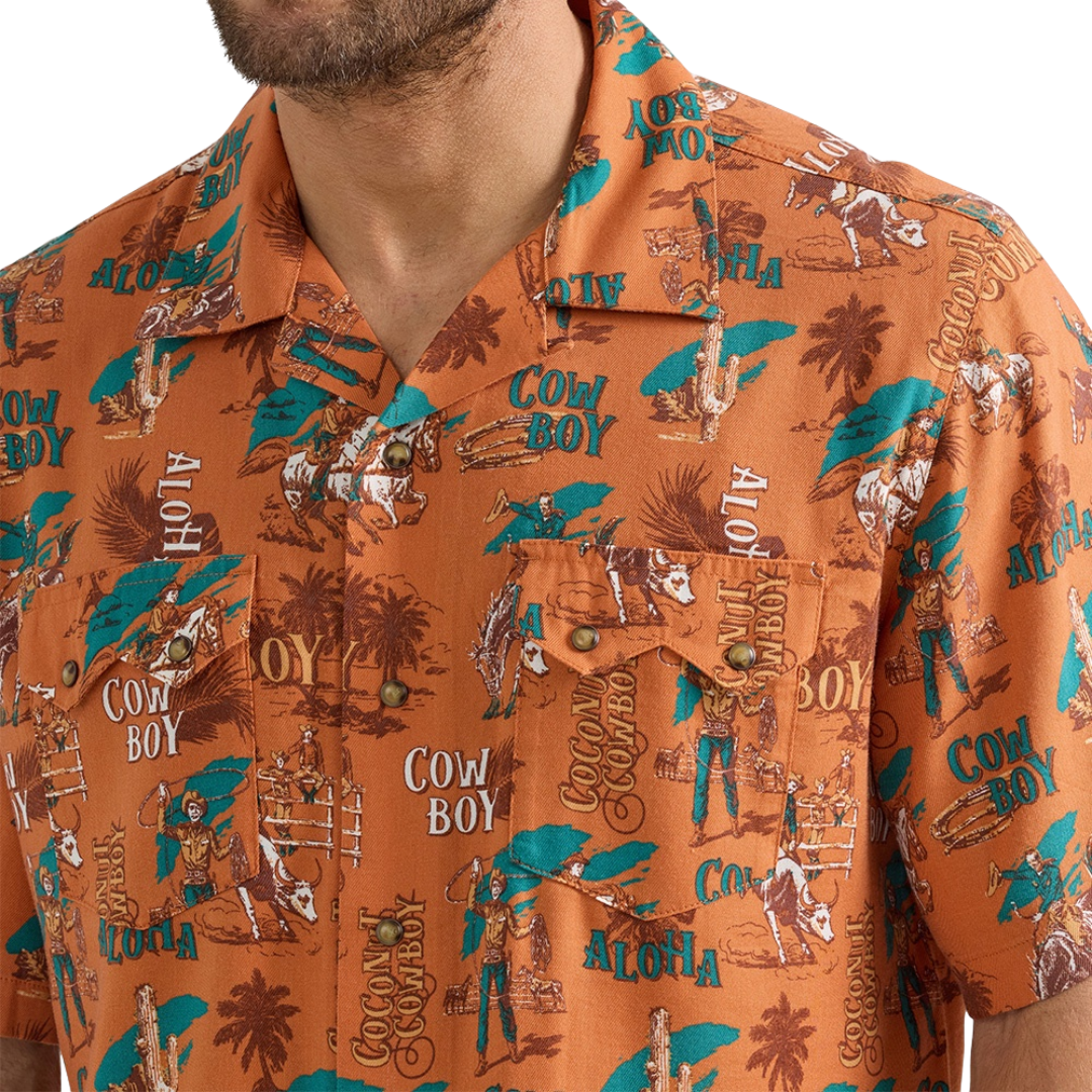 Wrangler Men's Coconut Cowboy Aloha Orange Shirt