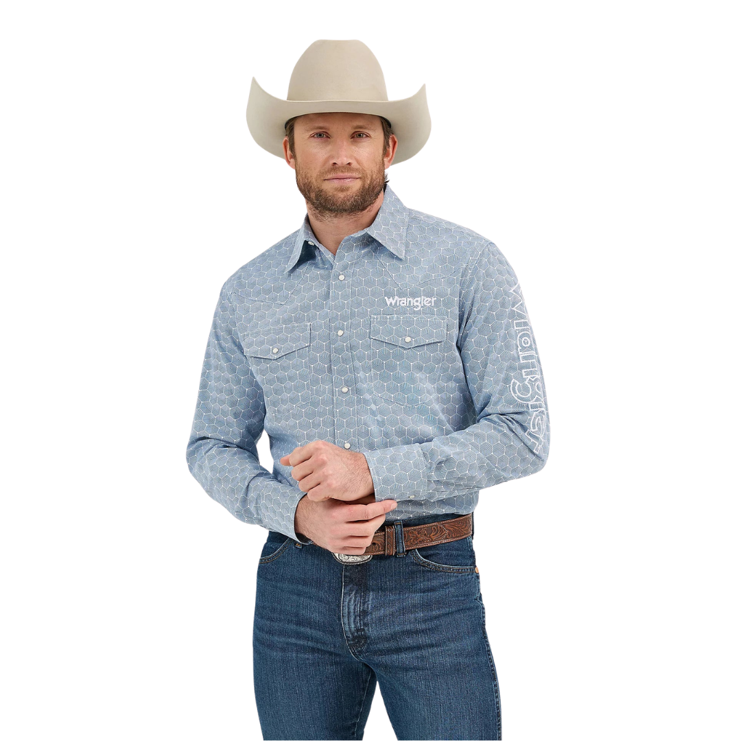 Wrangler Men's Logo Western Snap Blue Shirt