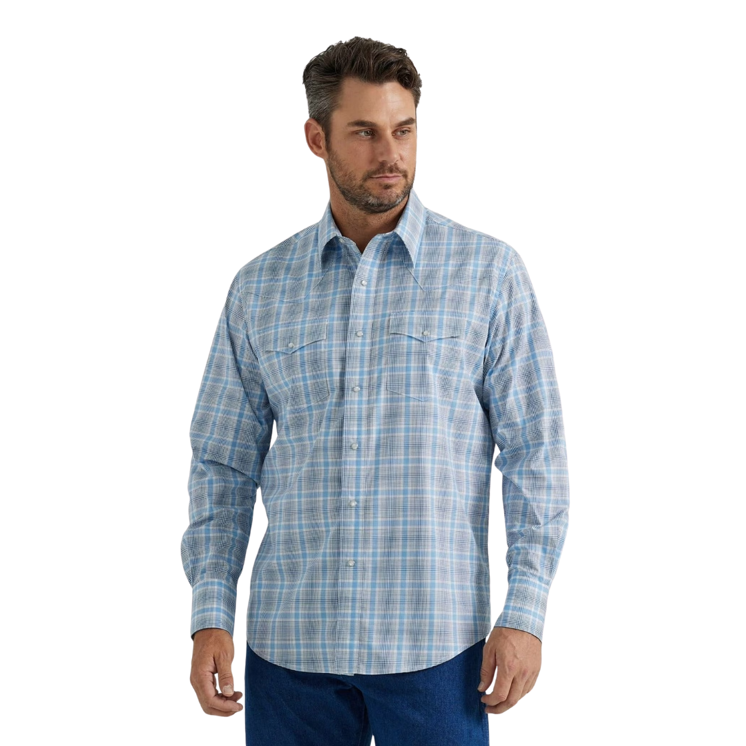 Wrangler Men's Plaid Snap Blue Shirt - Big & Tall