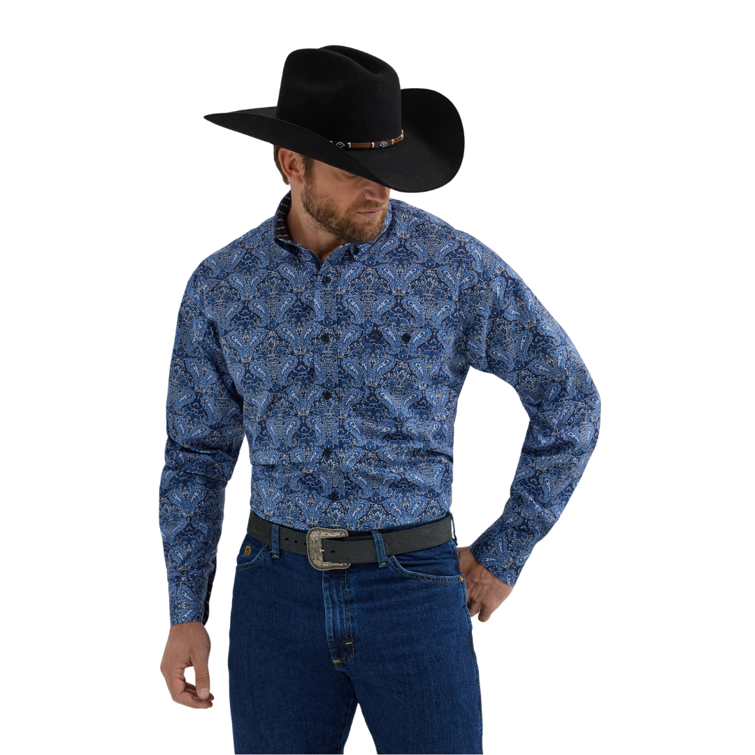 Wrangler Men's George Strait Paisley Print Blue Shirt - Big & Tall
