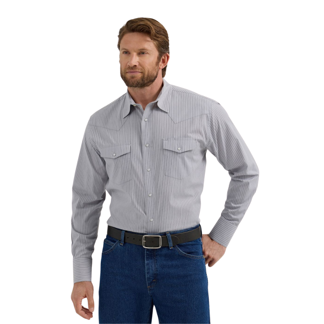 Wrangler Men's Grey Pearl Snap Striped Shirt