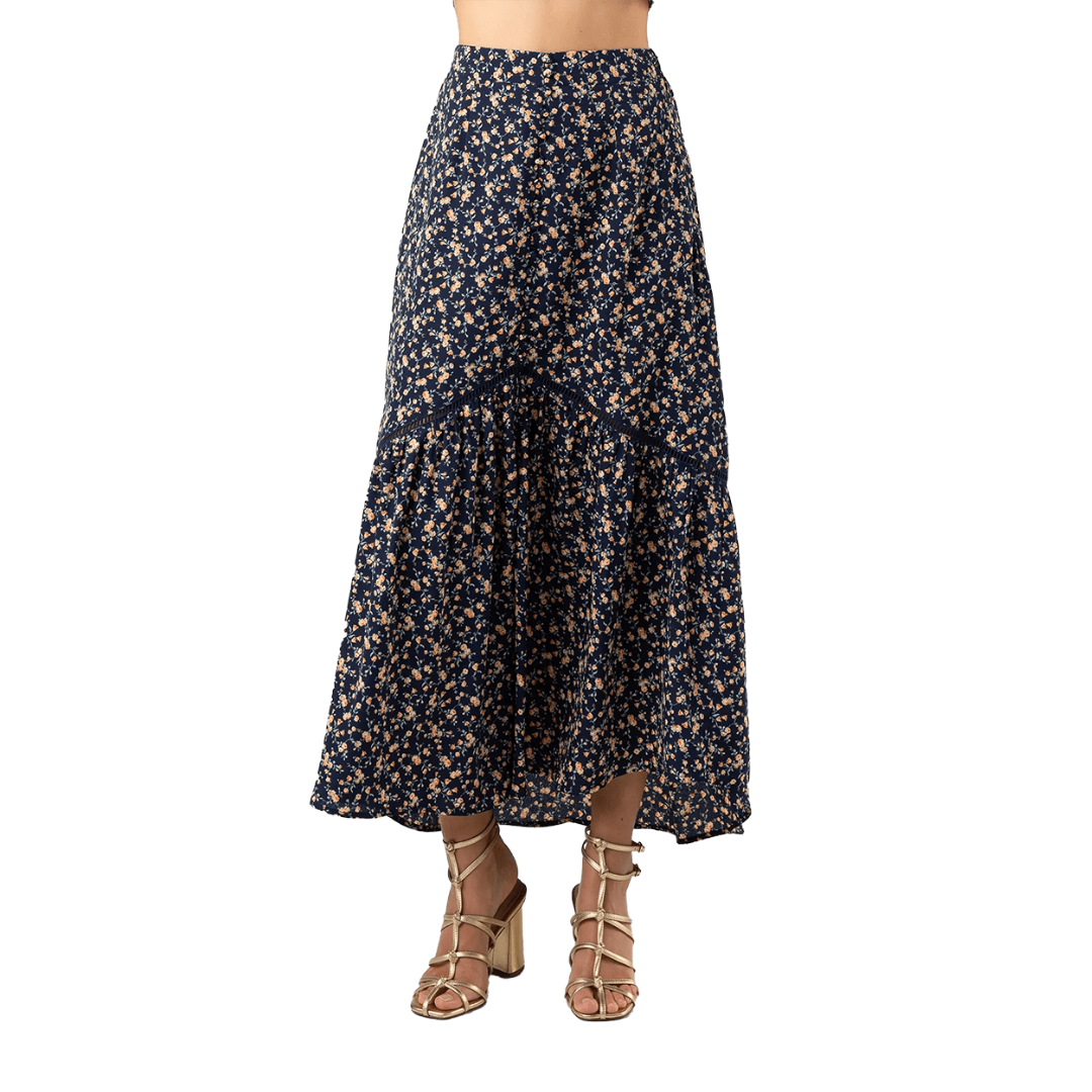 Miss Me Women's Floral Print Flared Maxi Brown Skirt