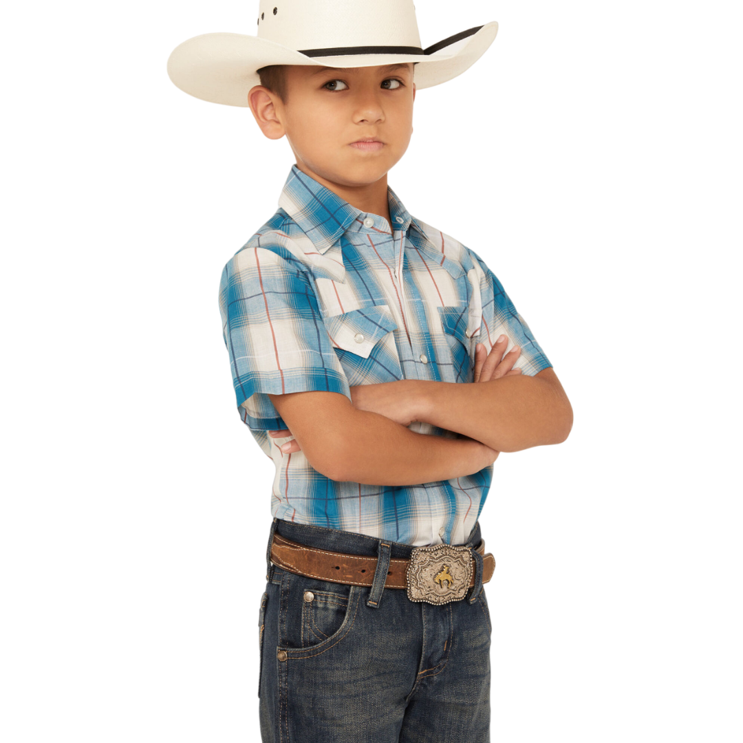 Ely Walker Youth Kid's Textured Dobby Plaid Snap Western Blue Shirt