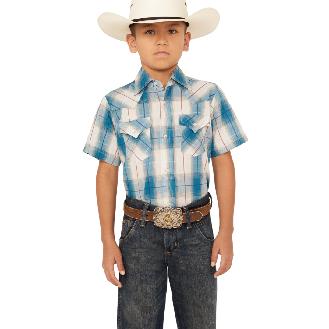 Ely Walker Youth Kid's Textured Dobby Plaid Snap Western Blue Shirt