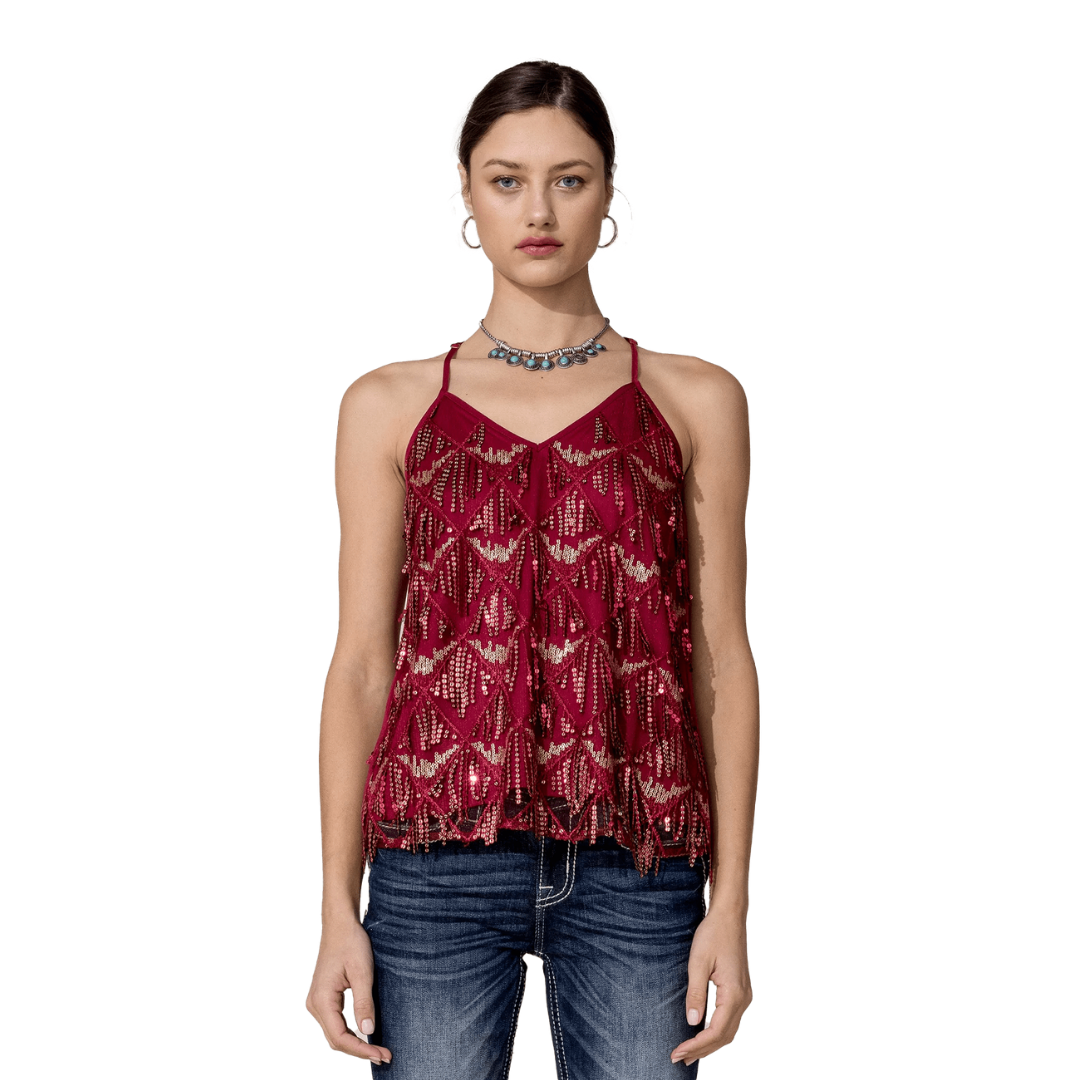Miss Me Women's Sequin Fringe Red Top