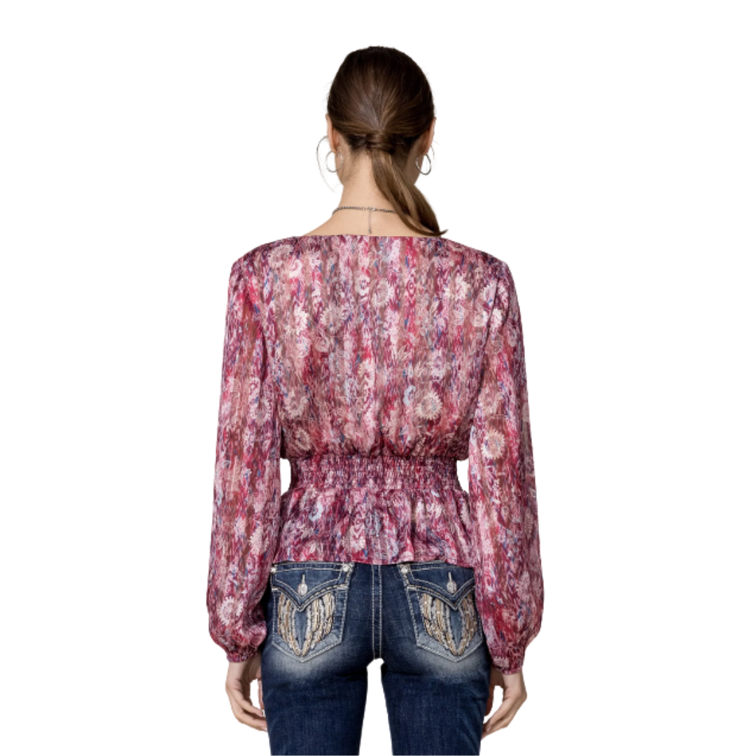 Miss Me Women's Ruffled Floral Fuschia Blouse