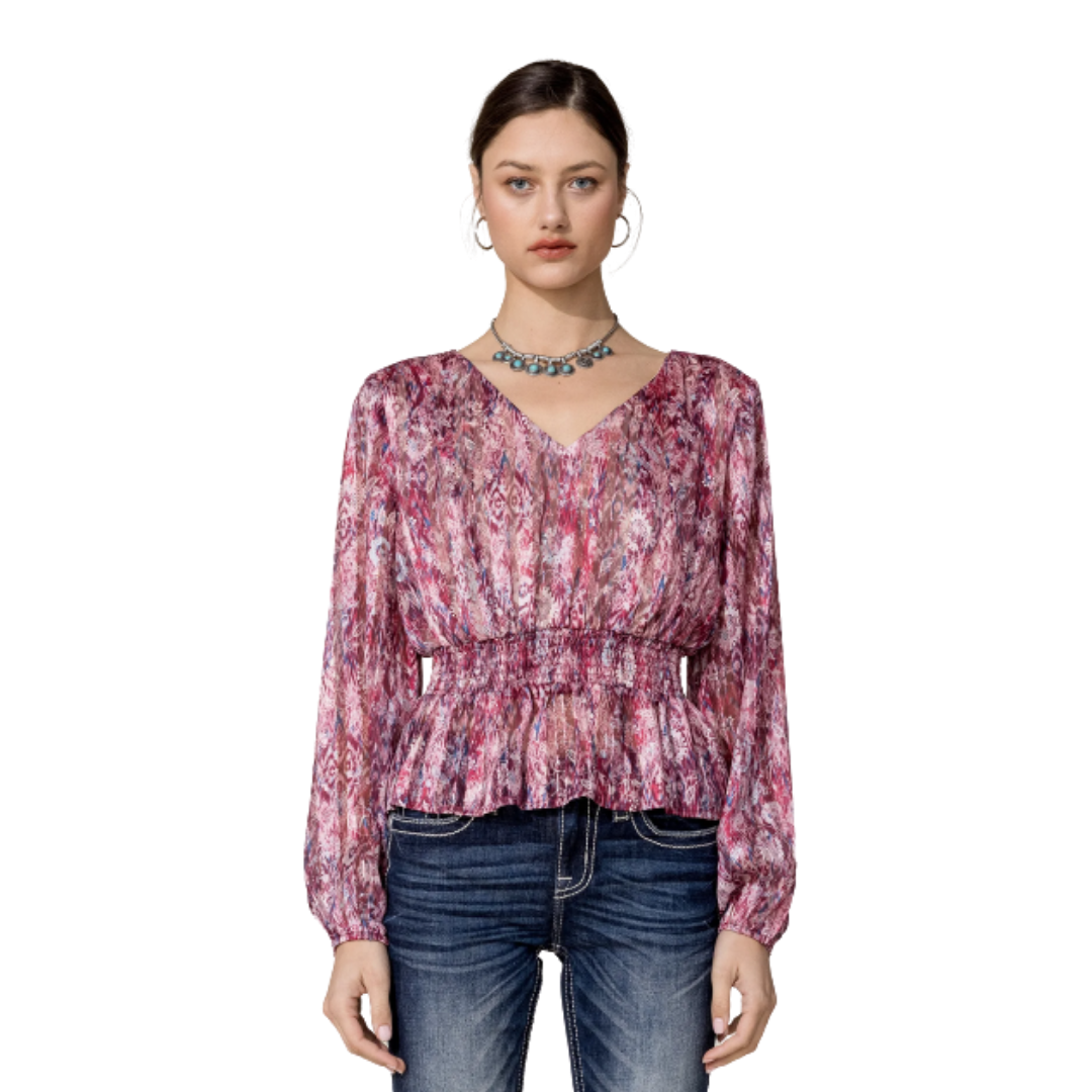 Miss Me Women's Ruffled Floral Fuschia Blouse