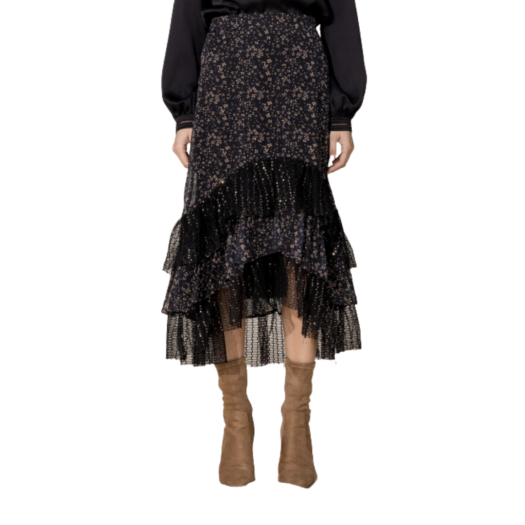 Miss Me Women's Ruffled Floral Midi Black Skirt