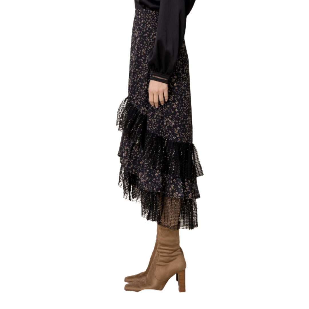 Miss Me Women's Ruffled Floral Midi Black Skirt