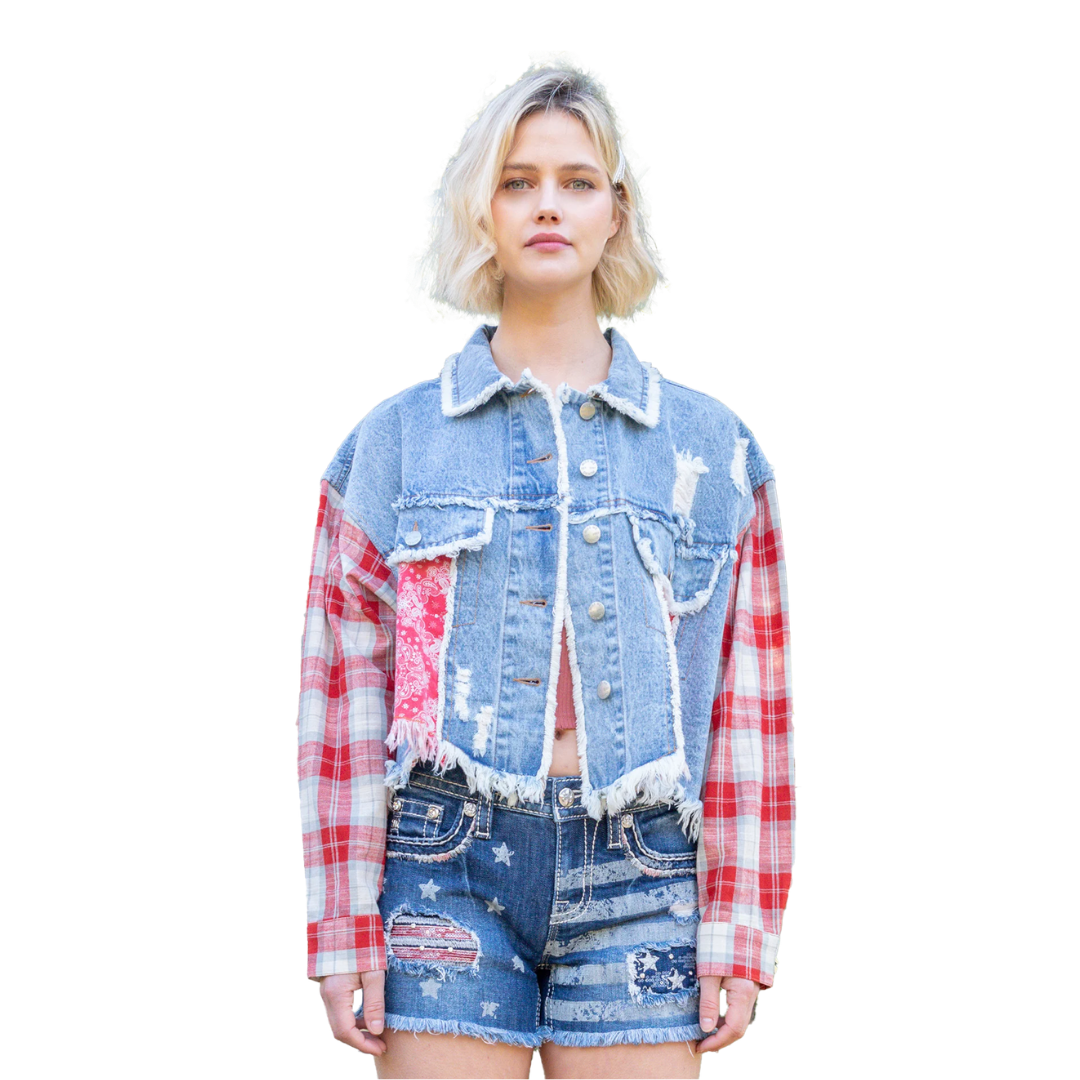 Miss Me Women's Jeans Plaid American Flag Multicolor Jacket