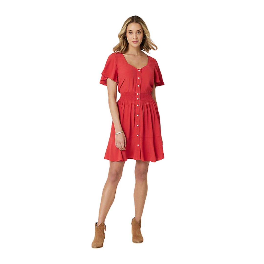 Wrangler Women's Retro Flutter Hem Snap Red Dress
