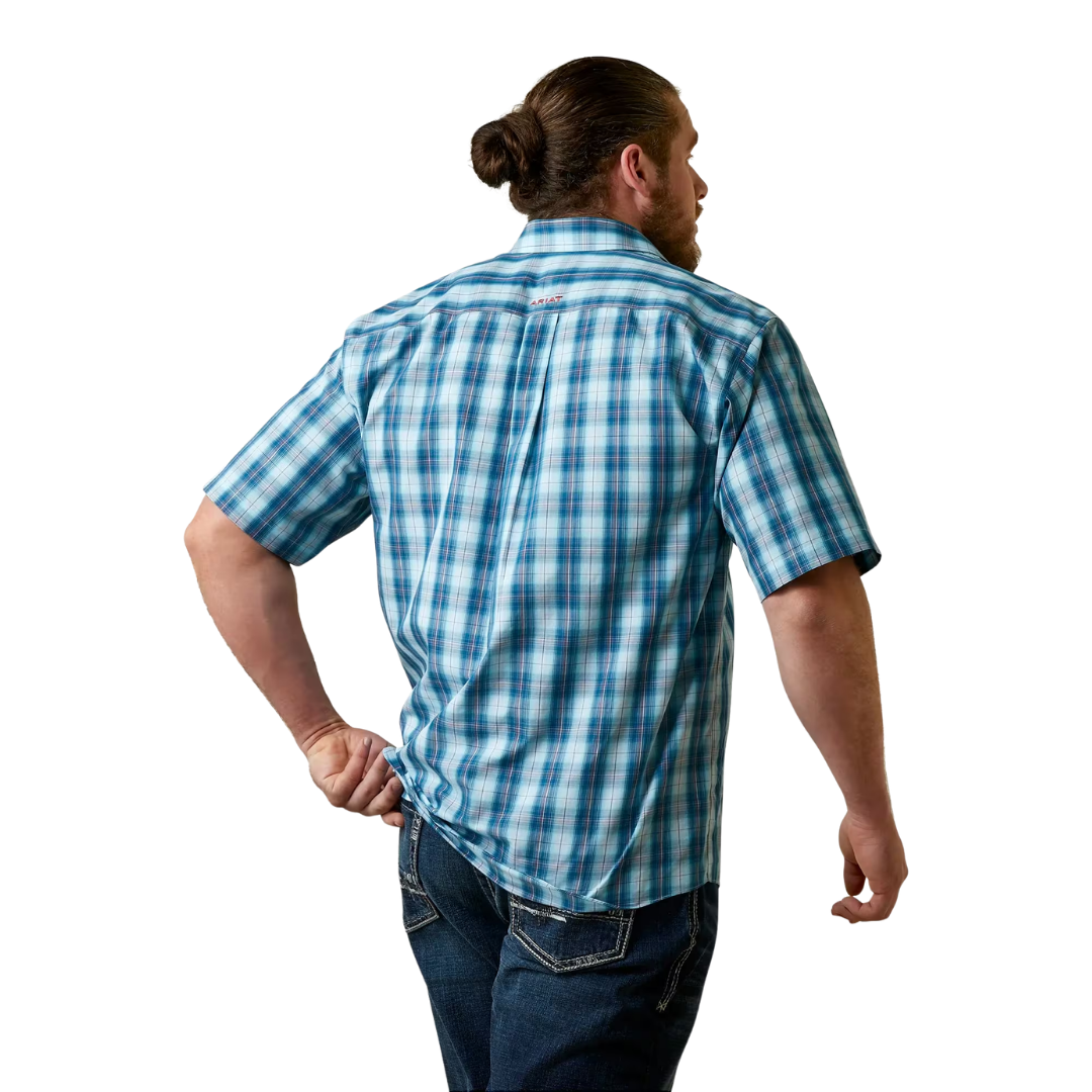 Ariat Men's Enzo Aegean Blue White and Rust Plaid Wrinkle Free Short Sleeve Shirt