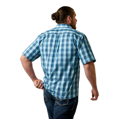 Ariat Men's Enzo Aegean Blue White and Rust Plaid Wrinkle Free Short Sleeve Shirt