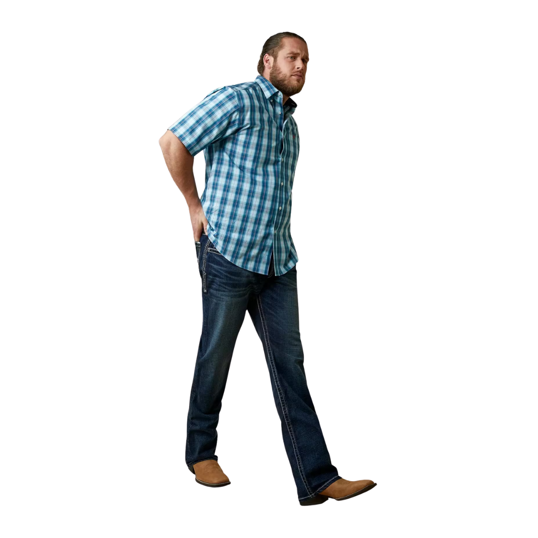 Ariat Men's Enzo Aegean Blue White and Rust Plaid Wrinkle Free Short Sleeve Shirt