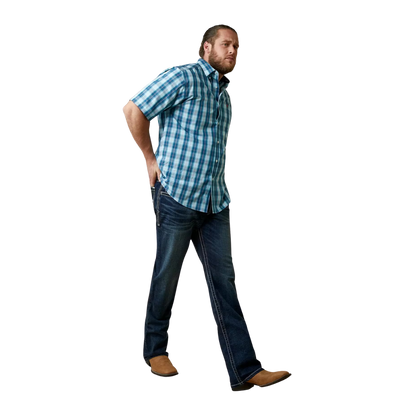 Ariat Men's Enzo Aegean Blue White and Rust Plaid Wrinkle Free Short Sleeve Shirt