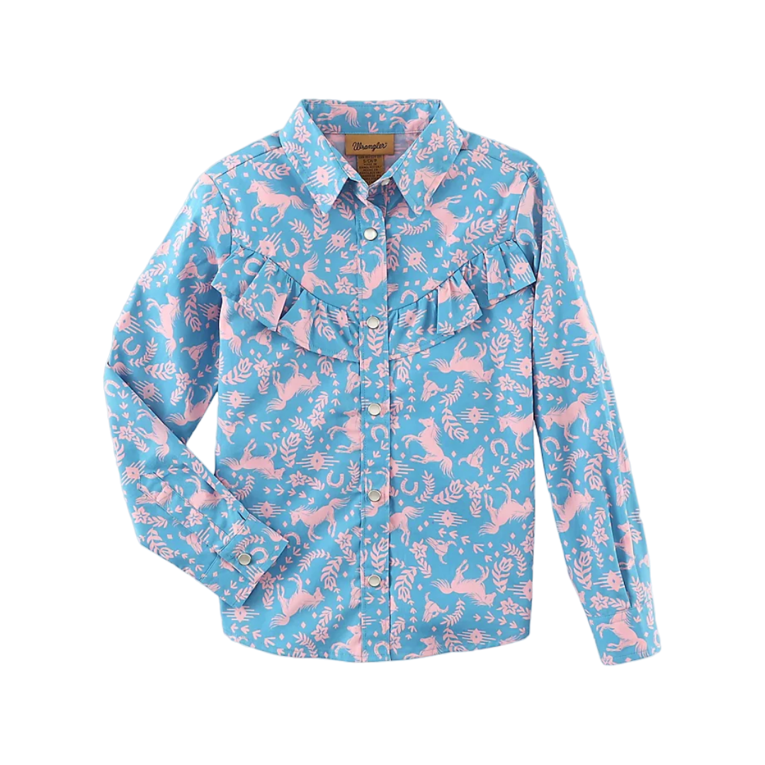 Wrangler Youth Girl's Cowgirl Horse Print Blue Shirt