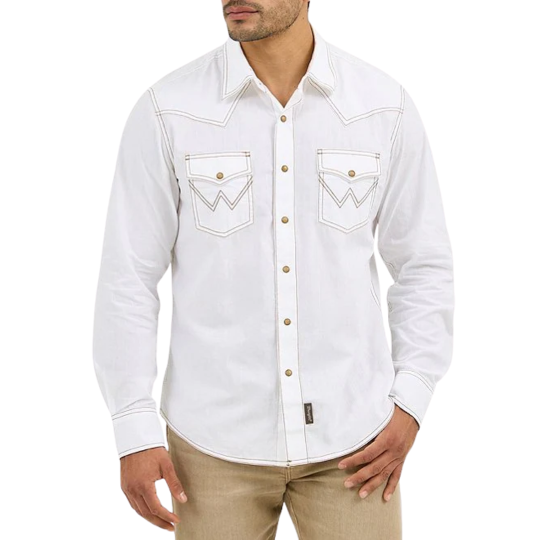 Wrangler Men's Retro Western Snap Solid Dobby White Shirt