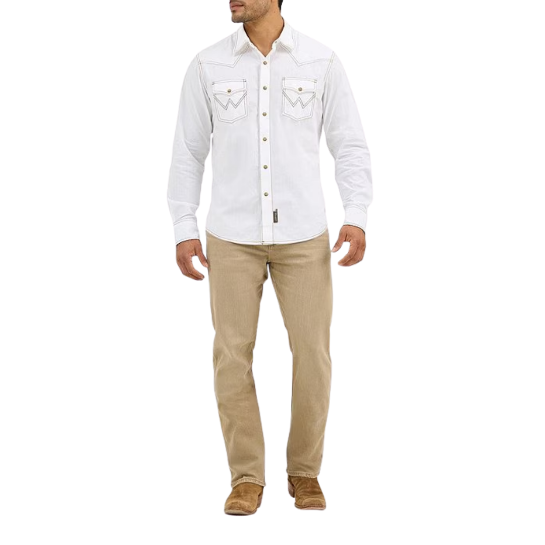 Wrangler Men's Retro Western Snap Solid Dobby White Shirt