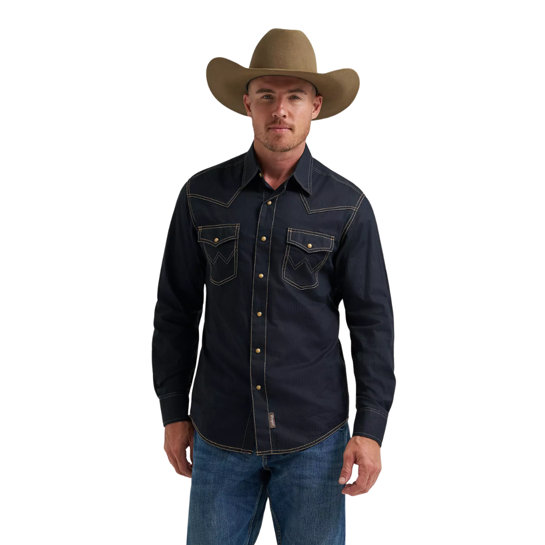 Wrangler Men's Retro Western Snap Solid Dobby Black Shirt