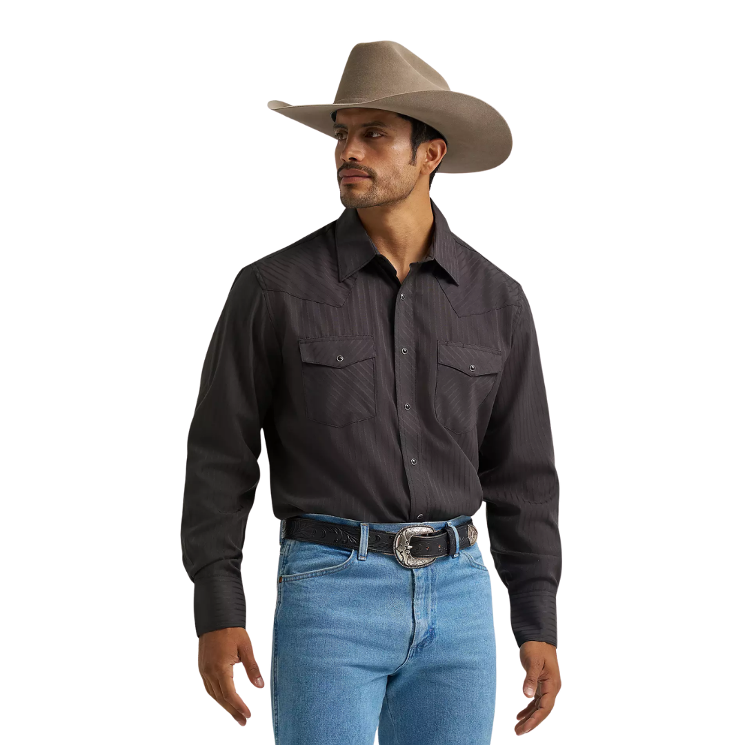 Wrangler Men's Long Sleeve Dobby Stripe Snap Black Shirt