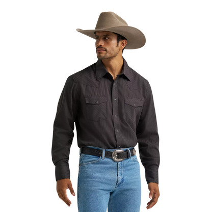 Wrangler Men's Long Sleeve Dobby Stripe Snap Black Shirt
