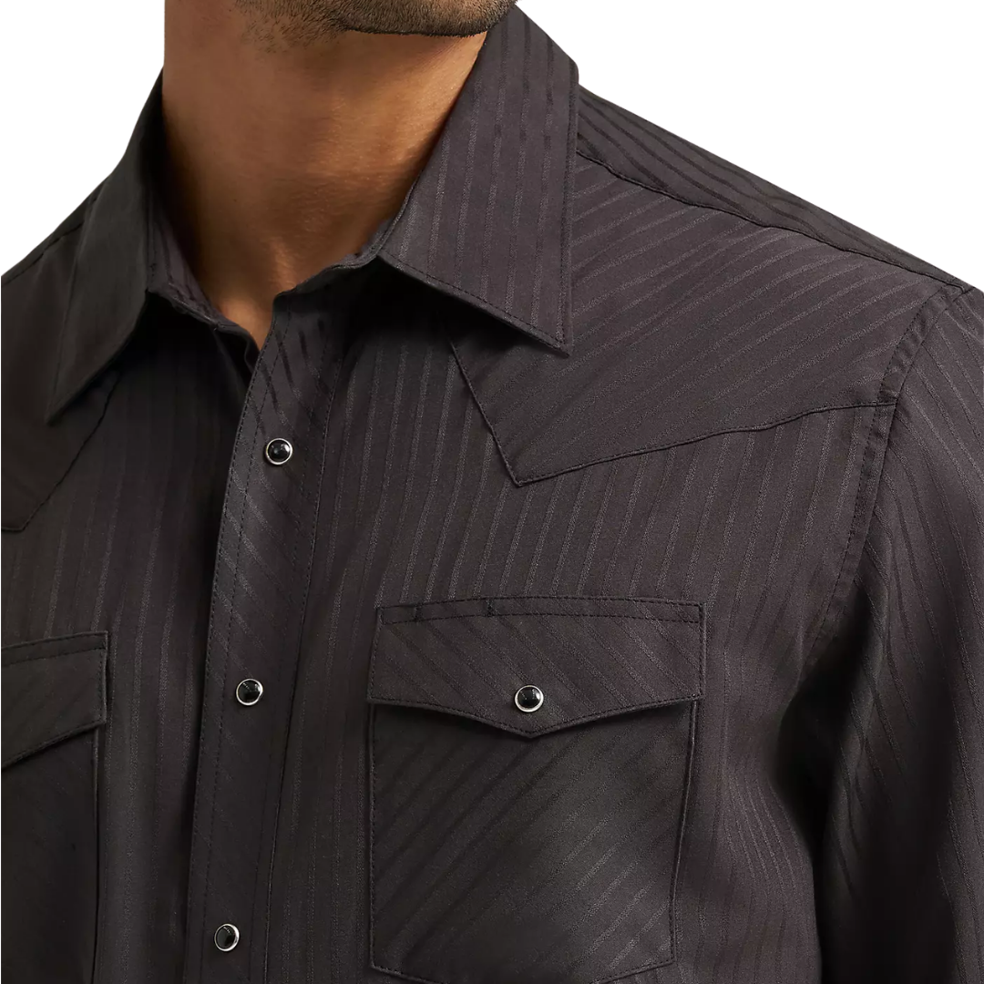 Wrangler Men's Long Sleeve Dobby Stripe Snap Black Shirt