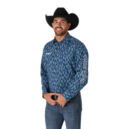 Wrangler Men's Logo Geometric Print Blue Shirt