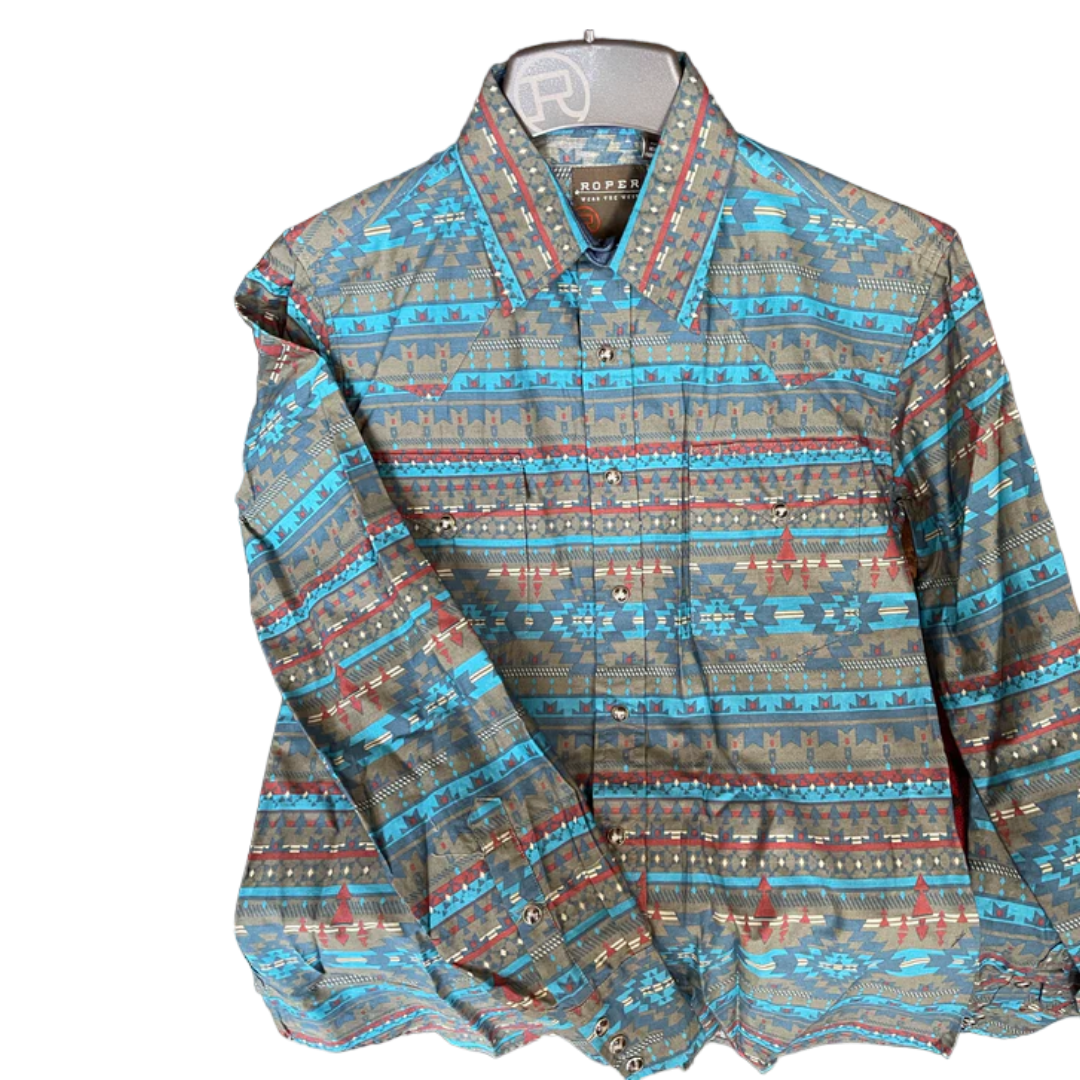 Roper Men's Aztec Print Blue Shirt