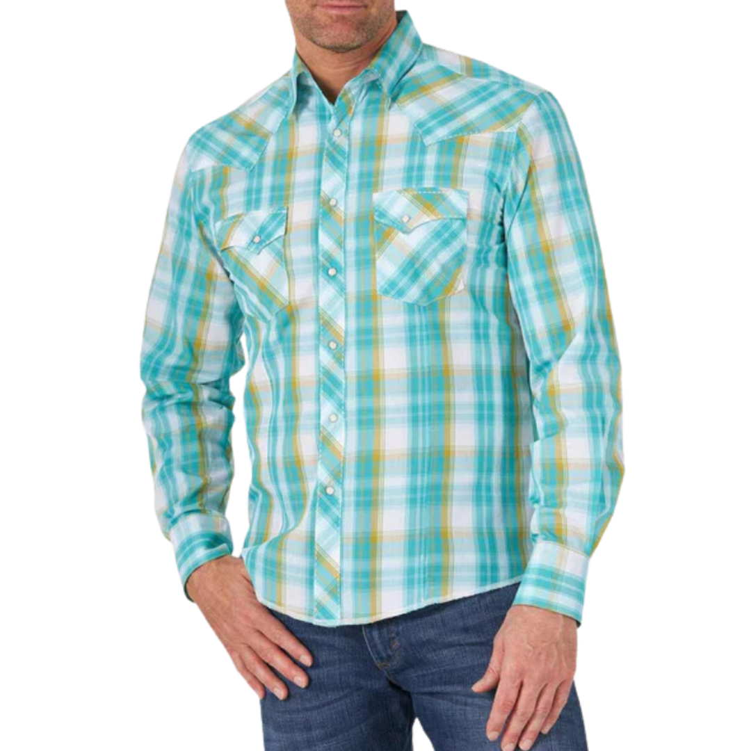 Wrangler Men's Fashion Western Plaid Turquoise Shirt
