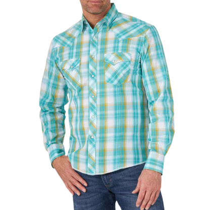 Wrangler Men's Fashion Western Plaid Turquoise Shirt