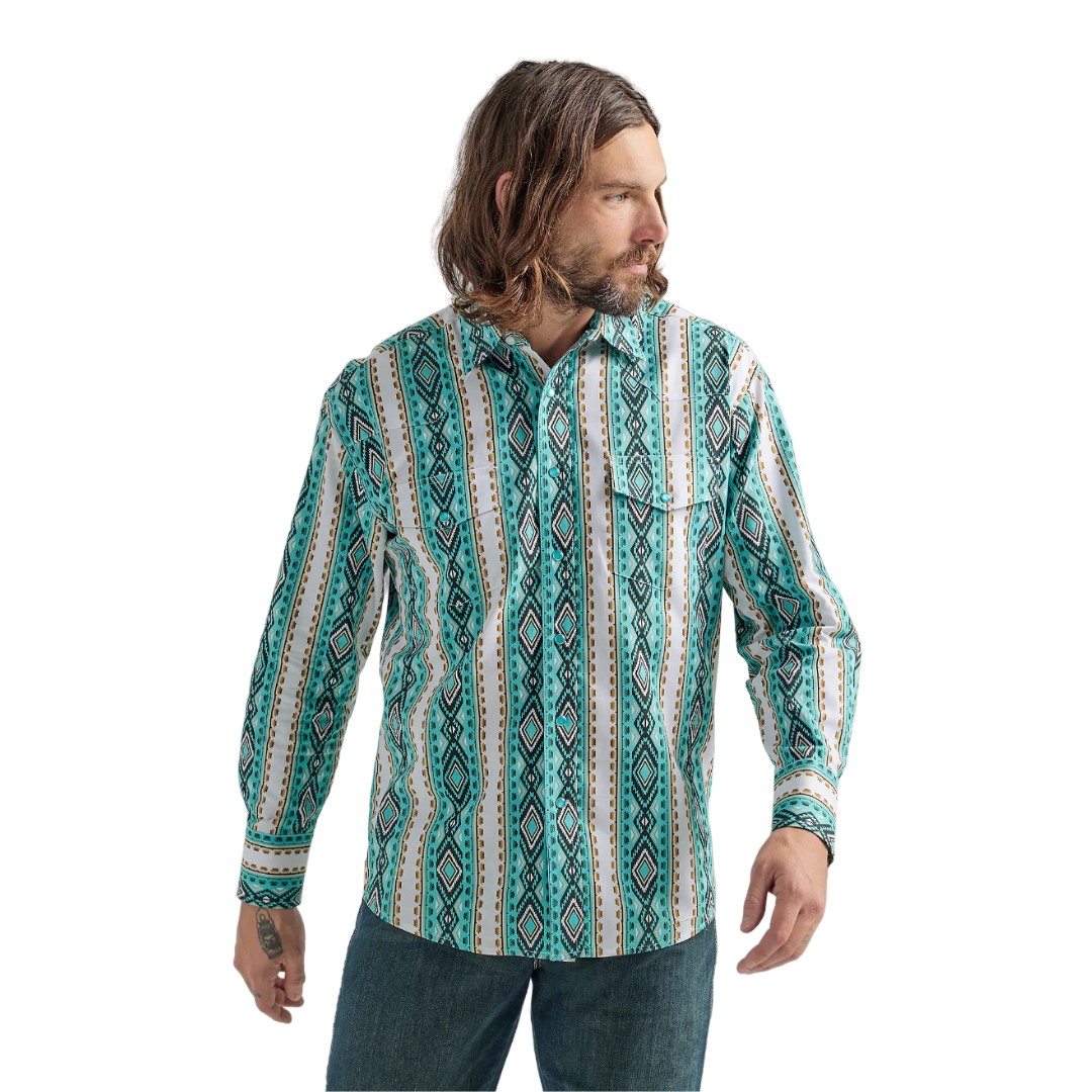 Wrangler Men's Checotah Snap Printed Turquoise Shirt - Big