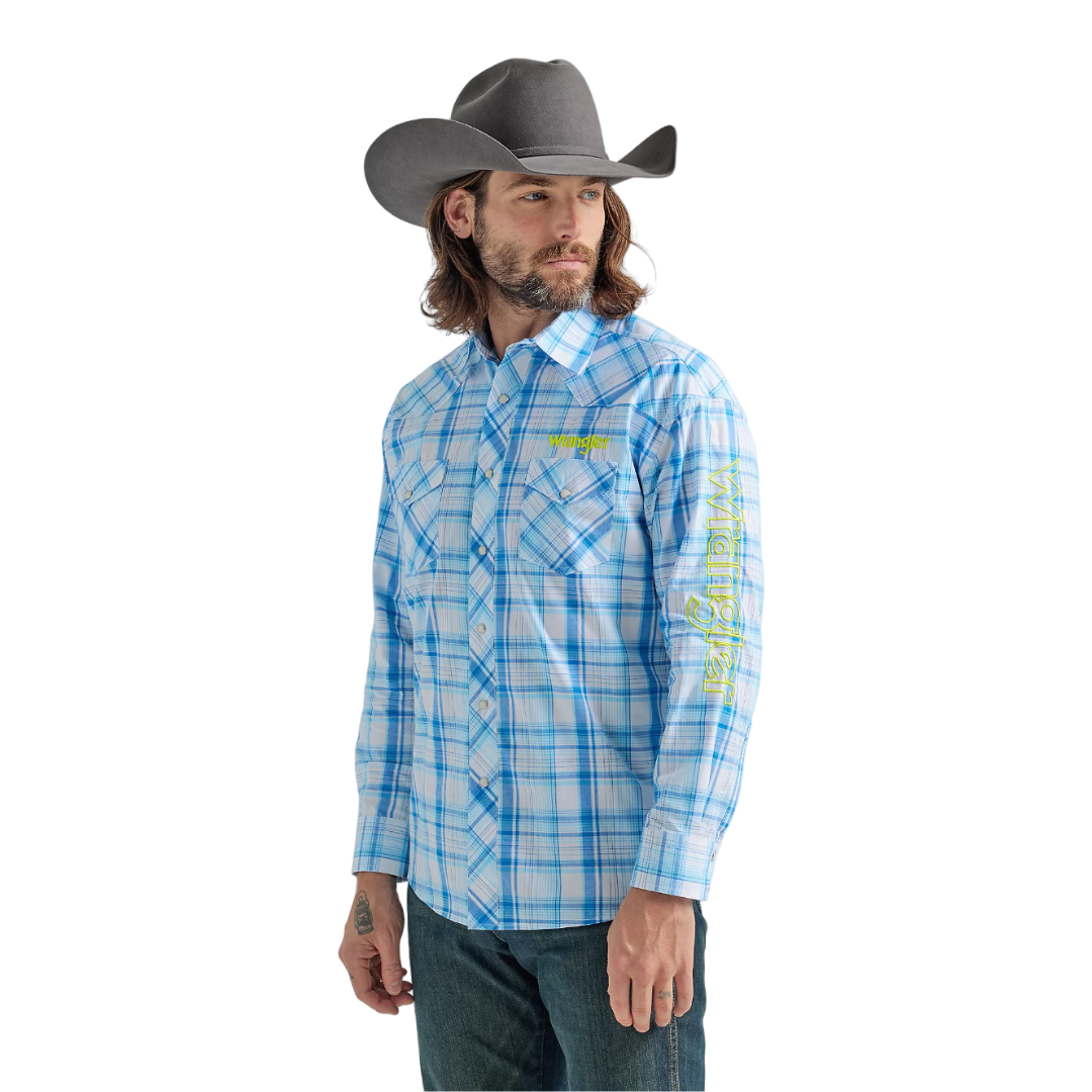 Wrangler Men's Logo Long Sleeve Western Blue Shirt