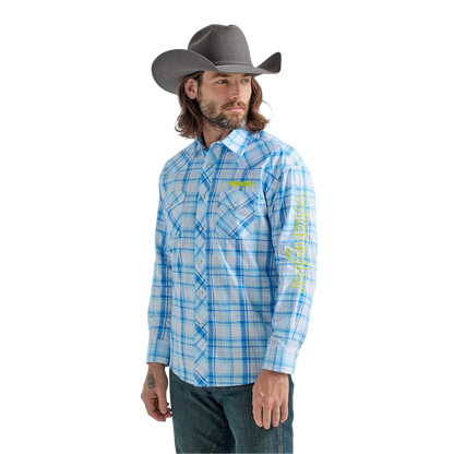 Wrangler Men's Logo Long Sleeve Western Blue Shirt