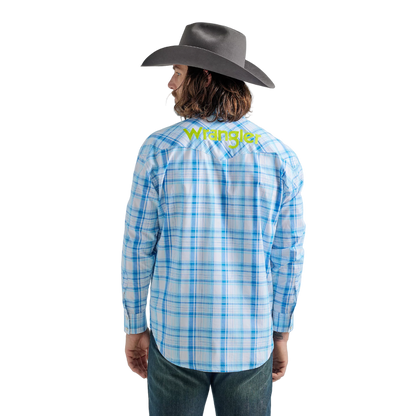 Wrangler Men's Logo Long Sleeve Western Blue Shirt