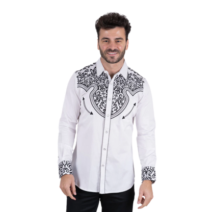 Platini Men's Cotton White Embroidery Western Shirt
