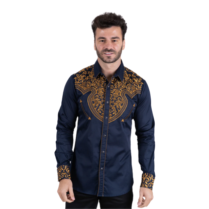 Platini Men's Navy Cotton Embroidery Western Shirt