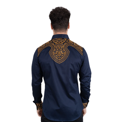 Platini Men's Navy Cotton Embroidery Western Shirt