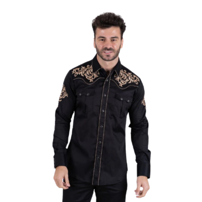 Platini Men's Cotton Embroidery Western Black Shirt