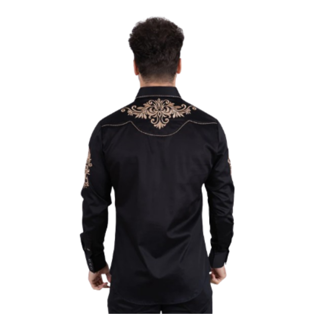 Platini Men's Cotton Embroidery Western Black Shirt